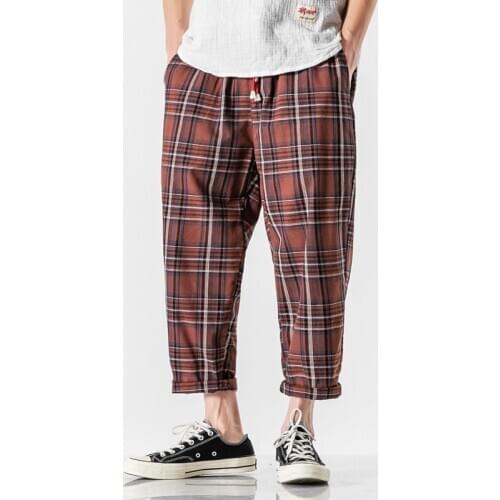 2020 New Loose Plus Size Plaid Pants Mens Fashion Casual Cotton Linen Ankle-Length Pants Y2846