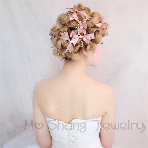 6Pcs/lot Wedding Bridal Hair Pins Pink Hair Stick Bow Hairpin Woman U Shape Hair Clips Hair Jewelry Accessories Wholesale