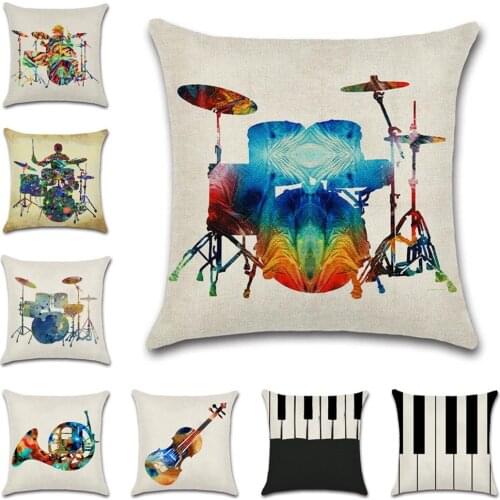 Drum kit violin Musical note Beige cotton linen Cushion cover Pillowcase decoration for home sofa chair kids girl bedroom gift