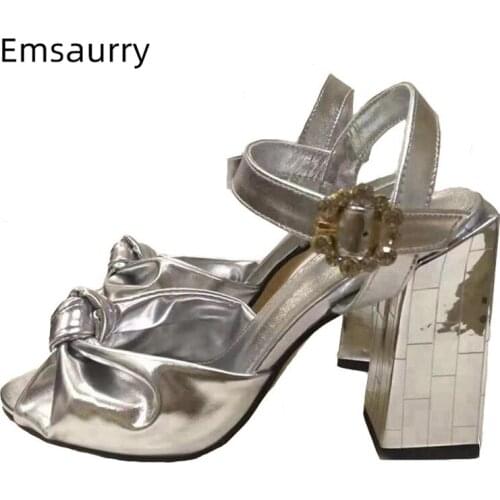 Shiny Gold Leather Bowknot Gladiator Sandals Women Ankle Strap Silver Chunky Heel Open Toe Bowtie Square Heel Summer Shoes Woman