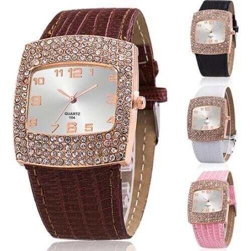 Women Watch Luxury Square Case Clock Quartz Alloy Shiny Rhinestones Faux Leather Analog Wrist Watch Ladies Dress Watch