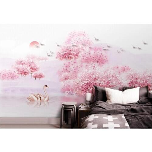 Customized new Chinese aesthetic mood peach blossom TV sofa background wall painting wallpaper