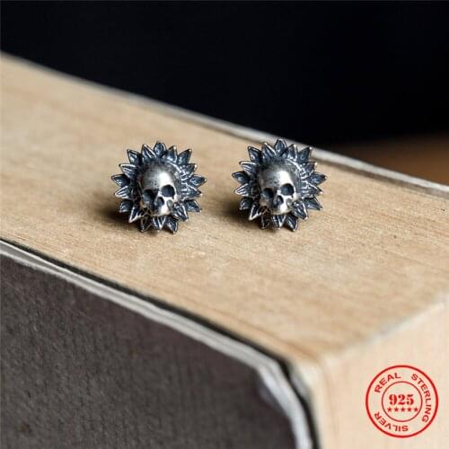 Gothic Punk Style 925 Sterling Silver Creative Retro Sunflower Skull Titanium Steel Stud Earring Trendy Street Men Women Jewelry
