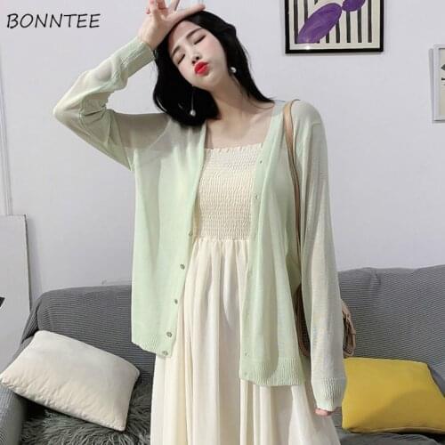 Cardigans Women Thin Summer Solid Sunscreen Casual See-through Long Sleeve Knitted Sweaters Womens Simple Loose Korean Style New