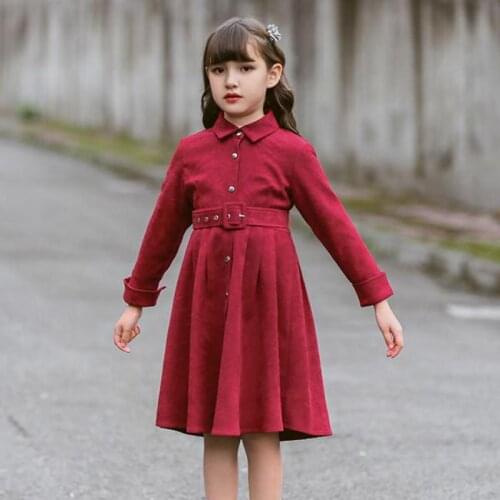 2021 Childrens Dresses For 5 to 14 Years Girls Long Sleeve Single Dreasted Mid Long Gowns Kids Birthday Party Dress Clothing