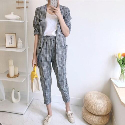 Vintage Two-pieces Women Suit Casual Plaid Female Blazer Suits Chic 2019 Autumn Office Ladies Loose Blazer Coats and Pant Sets