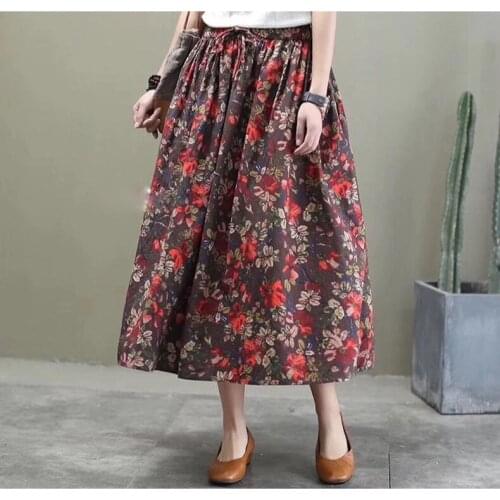 Literary Cotton and Linen Skirt Spring and Autumn 2021 New Mid-length High-waist Womens Retro Elastic Mid-length Skirt