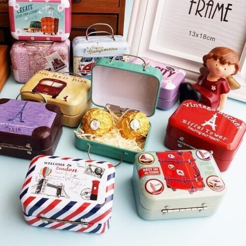 6 Pcs Jewelry Box Mini Suitcase Wedding Candy Box Cartoon Rubber Band Storage Case Organizer Tinplate Box Portable Gift Wrapping