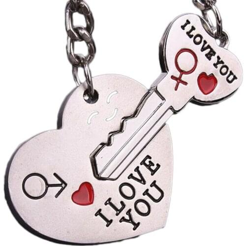Fashion Couple Heart Key Ring Silver Color Lovers Love Key Chain Valentines Day Gift 1 Pair Couple I Love You Letter Keychain