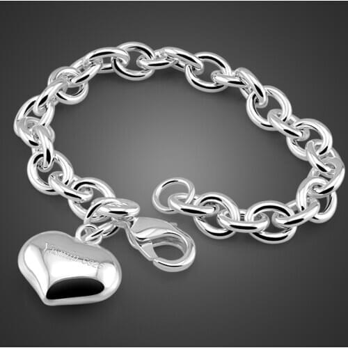 Fashion sweet heart-shaped pendant silver bracelet Solid 925 silver simple bracelets for women. 100% sterling silver jewelry