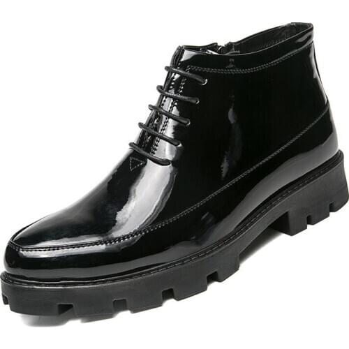 Mens Dress Boots High Heels 6cm Black Patent Leather Boots Men Autumn New High Quality Side Zip Cowboy Boots for Men Zapatos