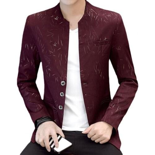 Men Blazer 2021 Vintage Print Korean Style Spring Autumn Stand Collar Fake Pockets Buttons Blazer for Business