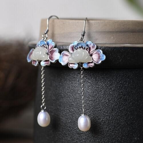 New pure New S925 silver jewelry fashionable enamel natural jade peony flower woman earrings 925 silver female pearl earrings