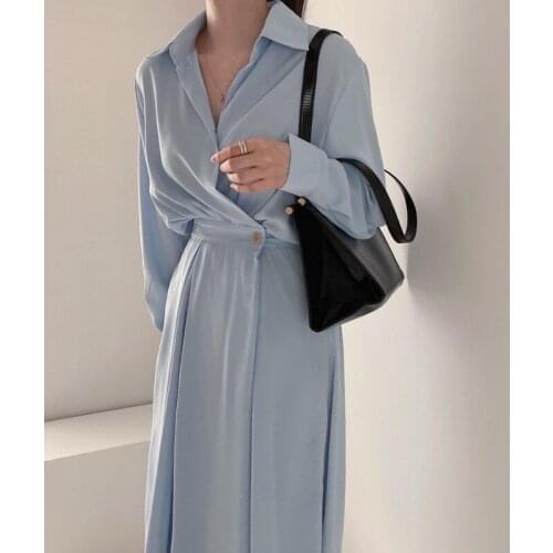 Long shirt dress turn neck button long sleeve chic design sense Korean casual office A-line robe spring 2021 autumn blue