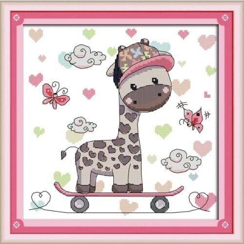 Joy Sunday Skateboard Giraffe Animal Style Cross Stitch Patterns 11CT 14CT Printed Cotton Silk Thread Embroidery Needlework Kit