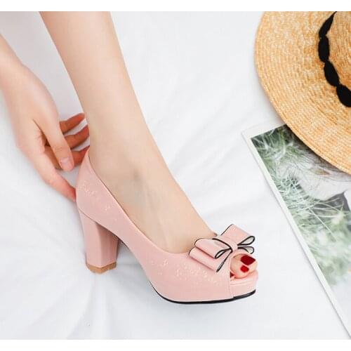 Women Pumps Fashion Peep Toe High Heels Spirng Summer Sweet Bow Knot Pumps Slip on Dress Party Shoes Woman Big Size 34-43