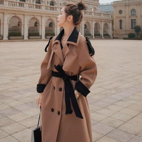 Thicken High-End Versatile Coat Female Womens Woolen Jacket 2021 Winter New Long Contrast Color Loose Khaki Double-Breasted