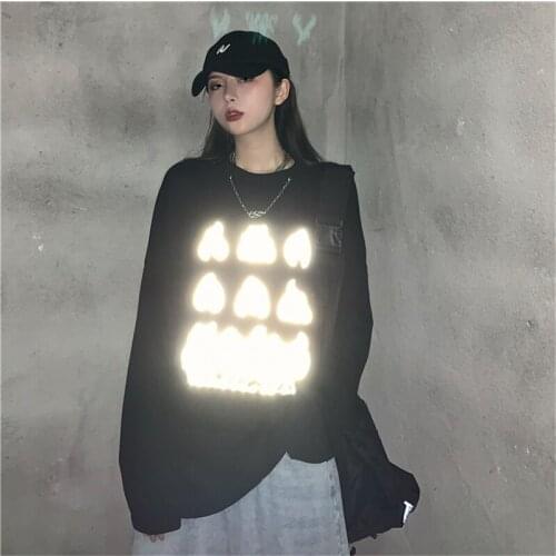 Japanese Women Long T-shirt Trendy Hip-hop Cartoon Reflective Printing Loose Tops Casual Wild Student Long Sleeve Women T-shirt
