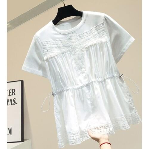 Drawstring Waist Tshirt for Women Black White Cotton Short Sleeve T-shirt Female Summer Loose Top Ladies T Shirts Tees