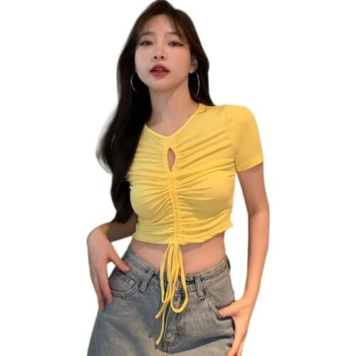 Women Solid O Neck Tee Hollow Out Drawstring Casual Slim Exposed Navel Short Sleeve T-Shirt Tops