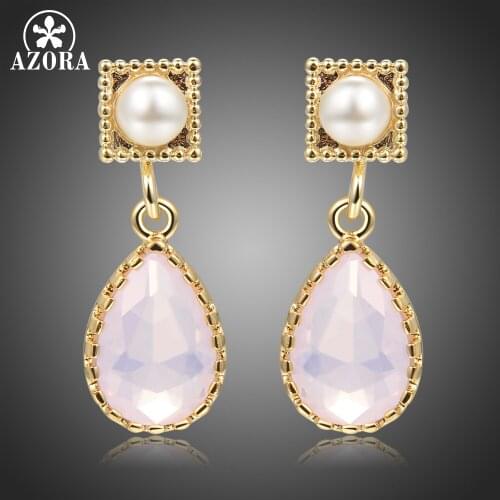 AZORA New Big Pink Opal Crystal Drop Earrings for Women Fashion Geometric Dangle Pearl Earring Jewelry Dating Pendientes TE0411