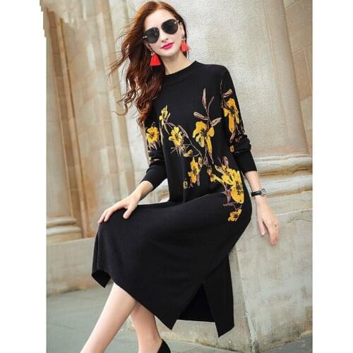 2021 New Autumn Black Knitted Sweater Dress Winter Vintage Women Elegant Bodycon Pullove Loose Floral Casual Sweater