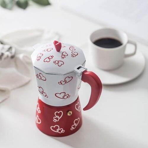 150ML/300ML Red Heart Print Coffee Maker Aluminum Alloy Moka Pot Espresso Mocha Latte Filter