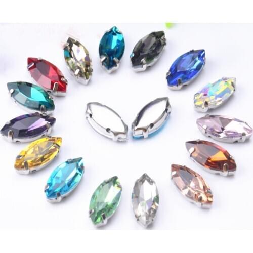 Sew On (4 holes) 25Pcs/Lot Horse eye Crystal Fancy Stone with Silver Claw Setting beads garment accessories