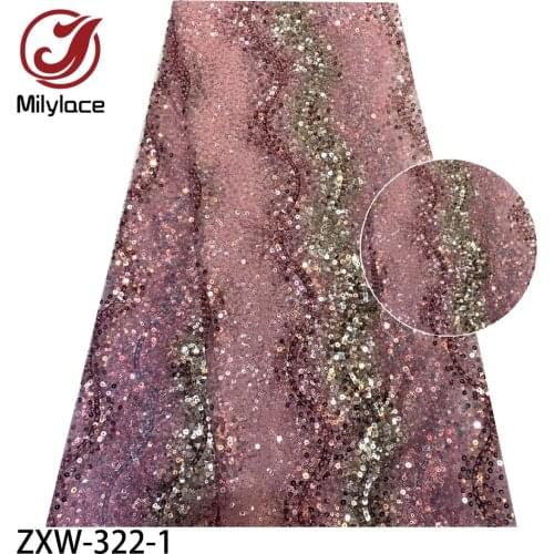 African New Design Sequined Lace Mesh Fabric High Quality French Mesh Lace Fabric for Women Evening Wedding Dress ZXW-322