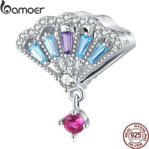 Bamoer Dazzling 925 Sterling Silver Classical Chinese Traditional Fan Charm Colorful Zircon Crystal for Original Bracelet DIY