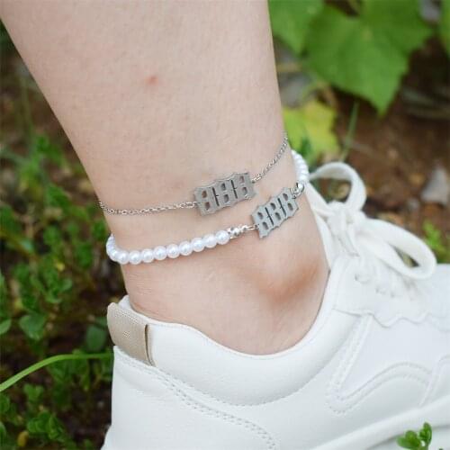 111 222 333 444 555 777 888 999 Angel Number Anklet Beach Jewelry Women Imitation Pearls Chain Beach Jewelry Feet Accessories