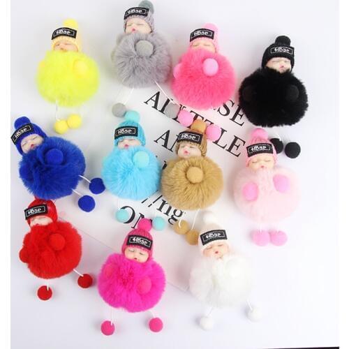 Sleeping Baby Doll Ball Key Chain Car Keyring Holder Bag Pendant Winter Hat Charm Keychain Plush Fur Cute Women Child Toys D252