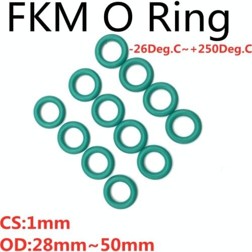 50pcs (CS 1mm OD 28~50mm) Green FKM Fluorine Rubber O Ring Sealing Gasket Insulation Oil High Temperature Resistance Green