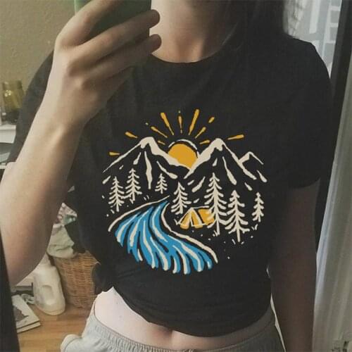 Summer female T-shirt chic Japanese Art Painting Mountains print T-shirt camping Harajuku graphic T-shirt Loose 90s ulzzang Tops