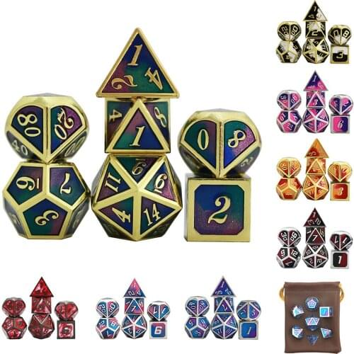DND Dice Set 7 PCS - Purple Blue Green Metal Polyhedral with Dice Bag for RPG Gaming Includes D20