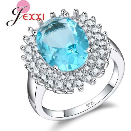 Classic Flower Design Oval Sky Blue Cubic Zirconia Rings 925 Sterling Silver Finger Jewelry for Women Bridal Wedding
