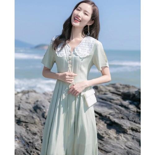 French Lace Stitching Doll Collar Sweet Dress Chic Pearl Bellflower Fairy Vestido Women 2021 Summer Short Sleeve Gentle Dress