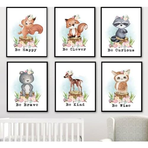 Cartoon Owl Fox Bear Squirrel Raccoon Deer Wall Art Canvas Painting Nordic Posters And Prints Wall Pictures Baby Kids Room Decor