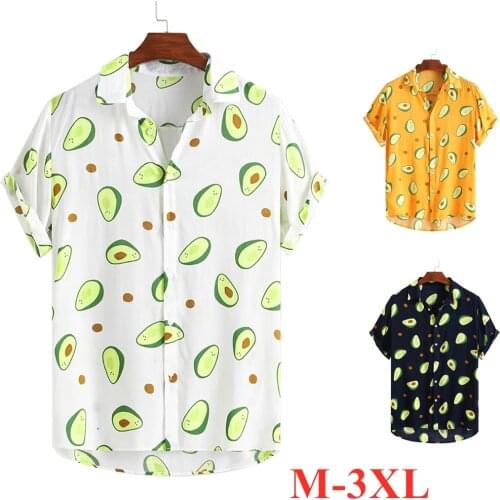 Fluorescent Color Men Shirt Summer Avocado Printed Hawaiian Style Short Sleeve Shirt Masculina Casual Plus Size Male Tops 3XL