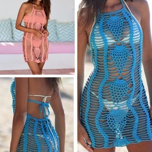 2019 New Crochet Fishnet Beach Dress Sexy Women hollow out bikini swimsuit Cover Up Women Robe De Plage Bathing Suit Cover Ups