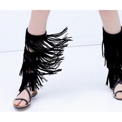 2017 Summer new solid black tassels flat sandal open toe gladiator sandal boots fringed boots buckles strap summer knee boots