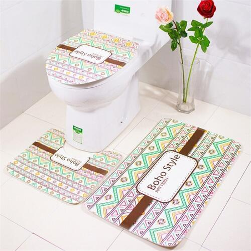 New Non-Slip Flannel Bathroom Carpet Three-Piece Toilet Floor Mat Set with Color Wood board printing Toilet Cover and floor Rugs