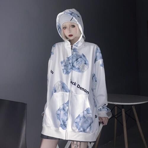 Autumn Thin Hoodies Cool Women Men Harajuku Bear Sweatshirt Loose Rock Zipper Hoodie Pocket Casual Pullovers Tops Kawaii Hoodies