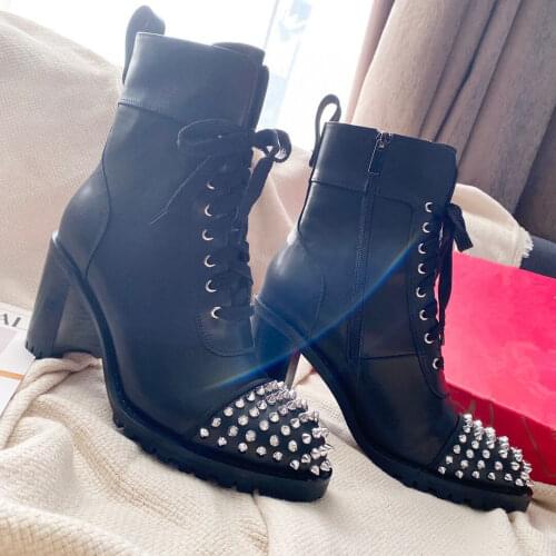 Casual Designer sexy lady vintage fashion womens boots black leather round toe studded spikes zipper lace up short shoes