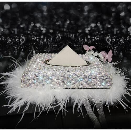 Luxury Crystal Diamond Leather Tissue Box with Fluffy Antislip-Mat Paper Towel Case Holder Car Home Decor Covers