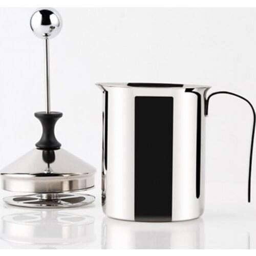 Manual Milk Creamer Hand Pump Frother Cappuccino Latte Coffee Foam Pitcher with Handle, Lid, Double Layer Filter Screen, Stainle
