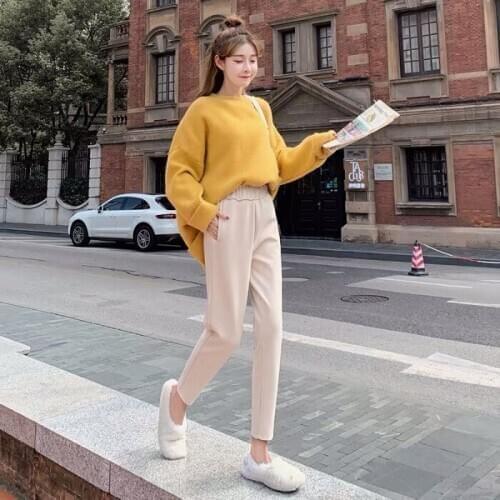 Autumn and winter new harem pants female loose high waist straight ins super fire student leisure feet radish pants