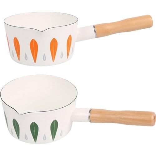 Saucepan 1L Enamel Milk Pot Wooden Handle Small Pot Oil Fryer Kitchen Utensils, No Lid milk warmer cooking pan stovetop kitchen