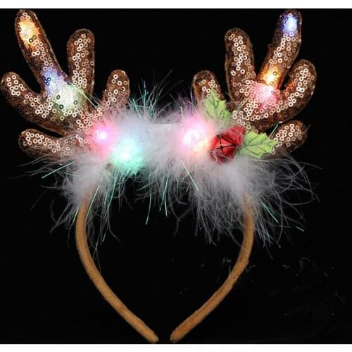 Light Sequin Feather Bell Luminous Glowing Reindeer Headbands with LED Christmas Hairwear for Party Supplies and Holiday Favors