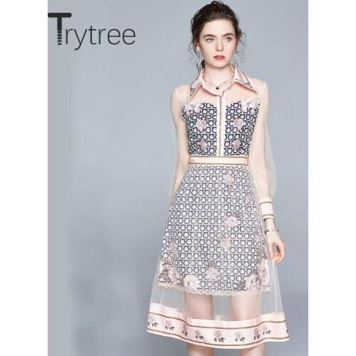 Trytree 2020 Spring Women Casual Dress Turn-down Collar Patchwork Mesh Print Fashion A-line Elegant Temperament Elegant Dress